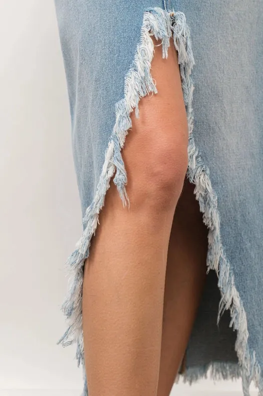 Off Kilter Elastic Back Waist Denim Skirt LIGHT WASH