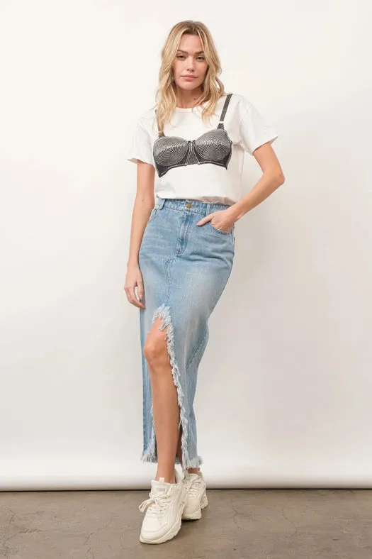 Off Kilter Elastic Back Waist Denim Skirt LIGHT WASH