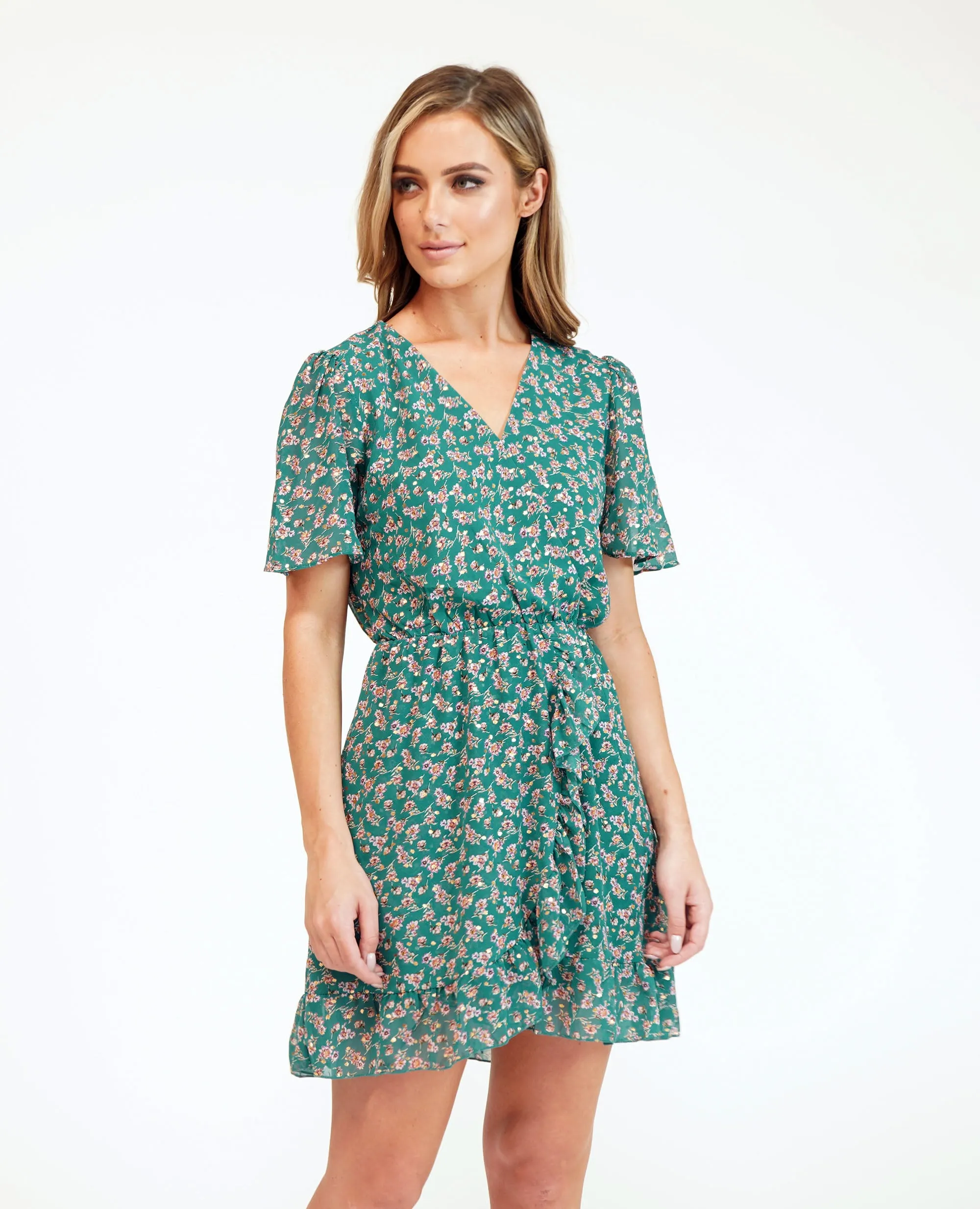Pamela Scott Printed Green Faux Wrap Dress