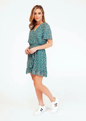Pamela Scott Printed Green Faux Wrap Dress