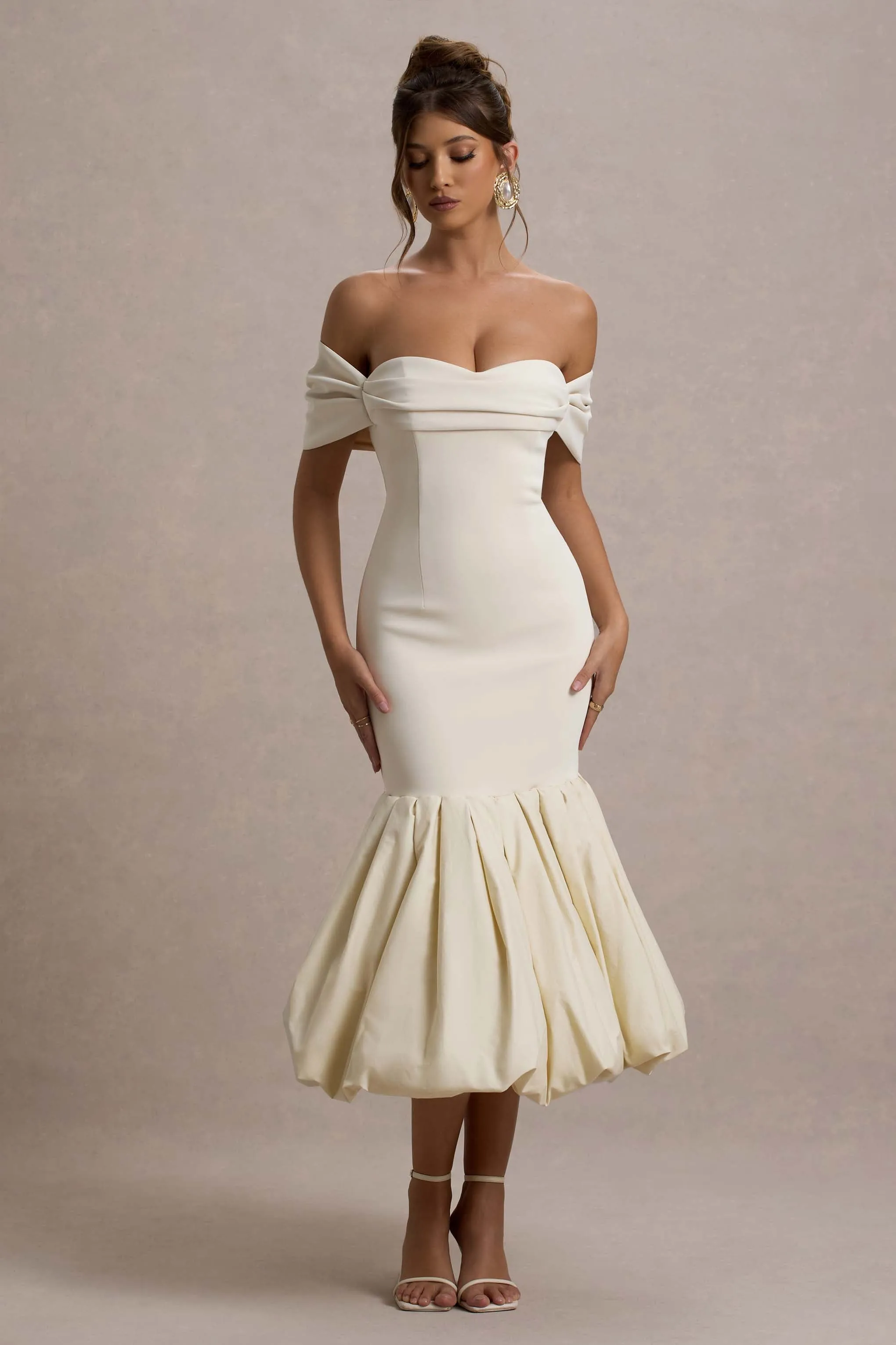 Posie | Stone bardot midi dress with puffball hem
