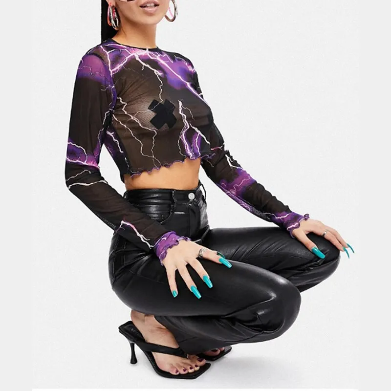 Purple Lightning Print Long Sleeve Mesh Top