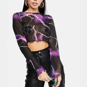 Purple Lightning Print Long Sleeve Mesh Top