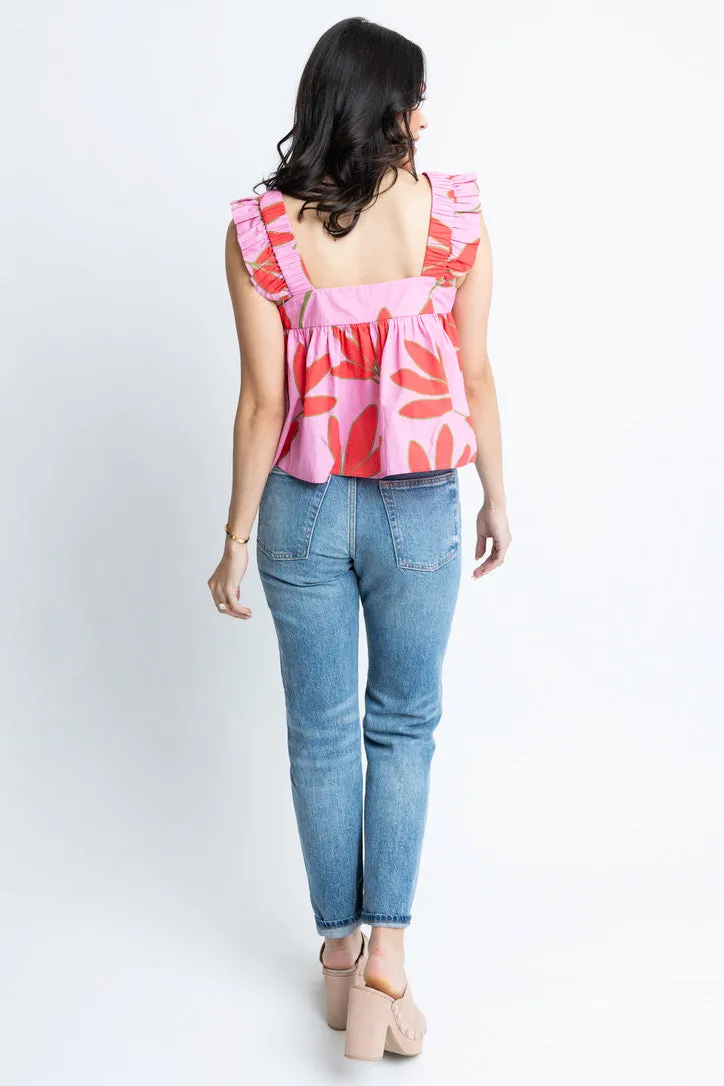Satin Palm Floral Ruffle Top