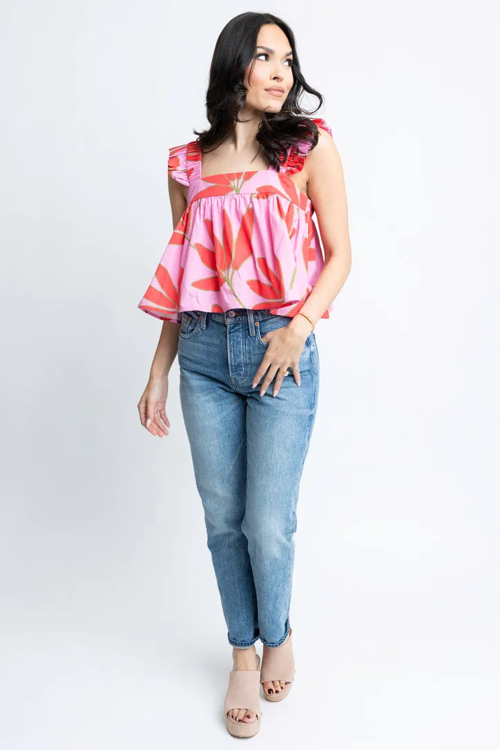 Satin Palm Floral Ruffle Top