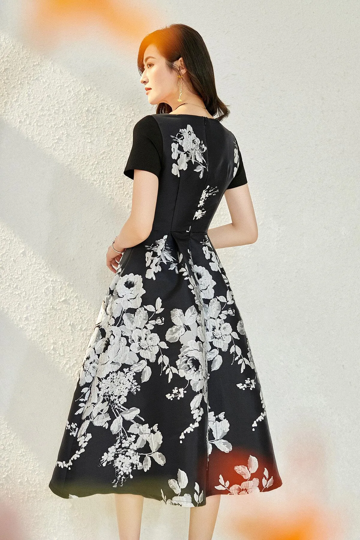 Spring retro 1950 lbd black jacquard short  sleeve wedding guest Audrey Hepburn dress - Bailey