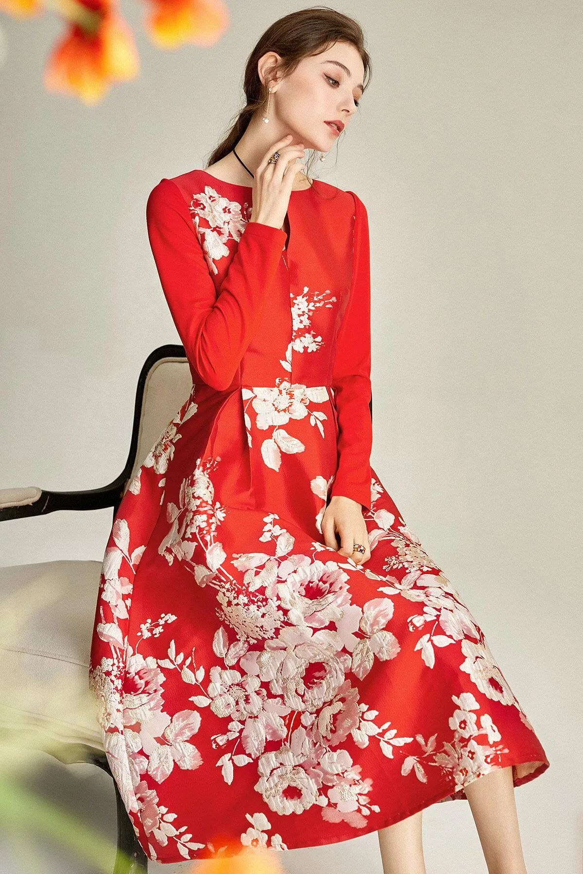 Spring retro 1950 red feminine jacquard long sleeve wedding guest audrey hepburn dress - Bailey
