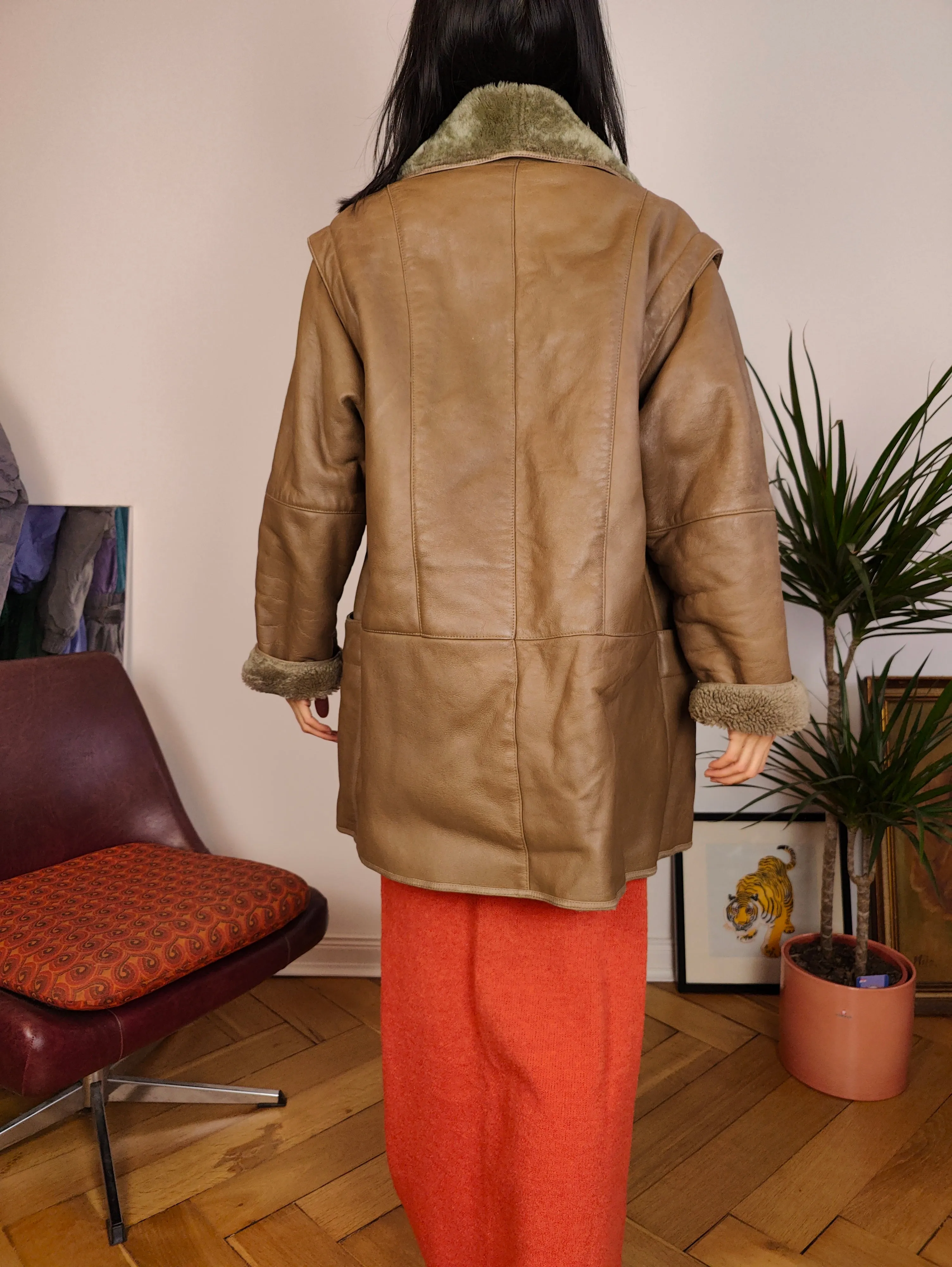 Vintage genuine shearling leather coat brown sheepskin lambskin sherpa S