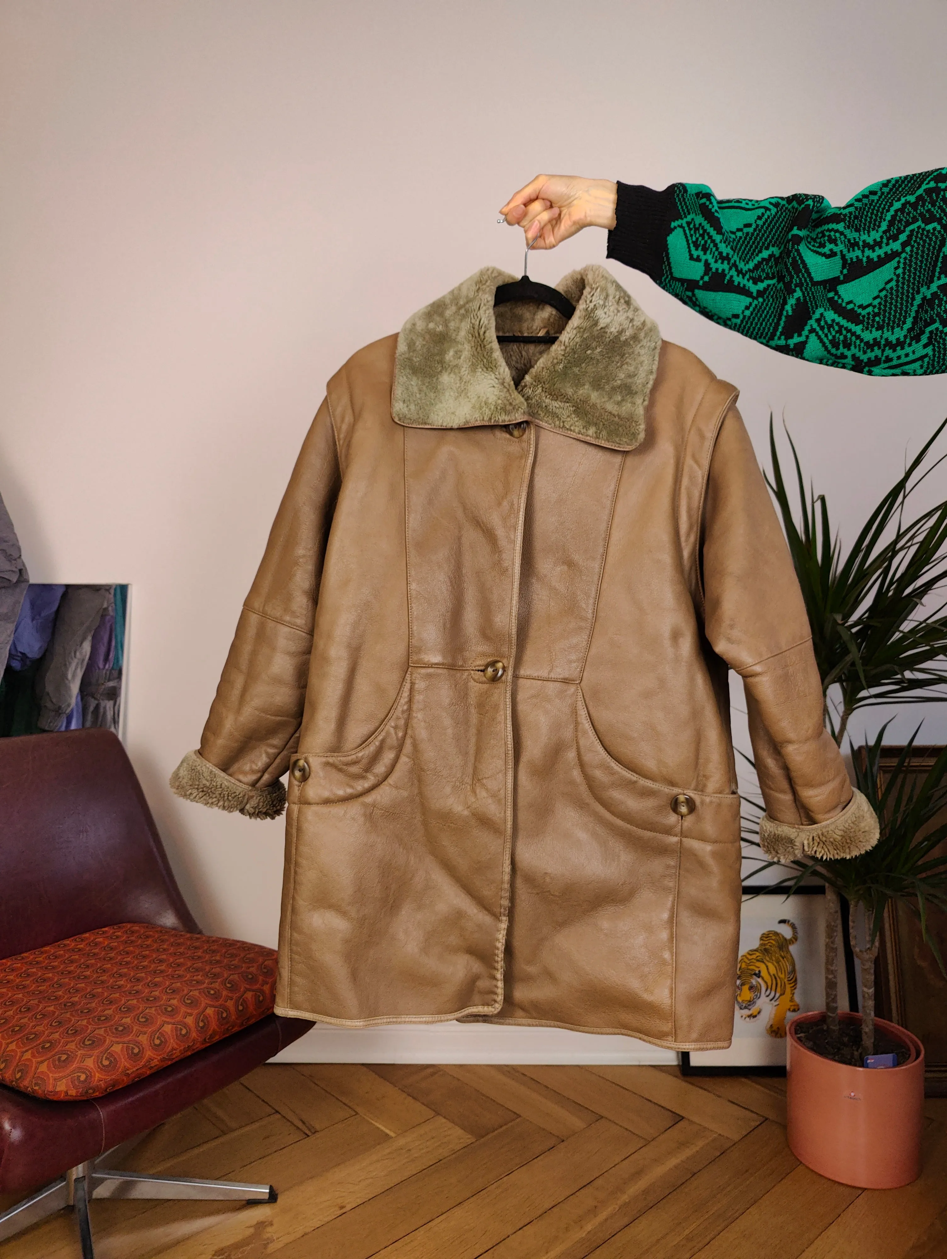 Vintage genuine shearling leather coat brown sheepskin lambskin sherpa S