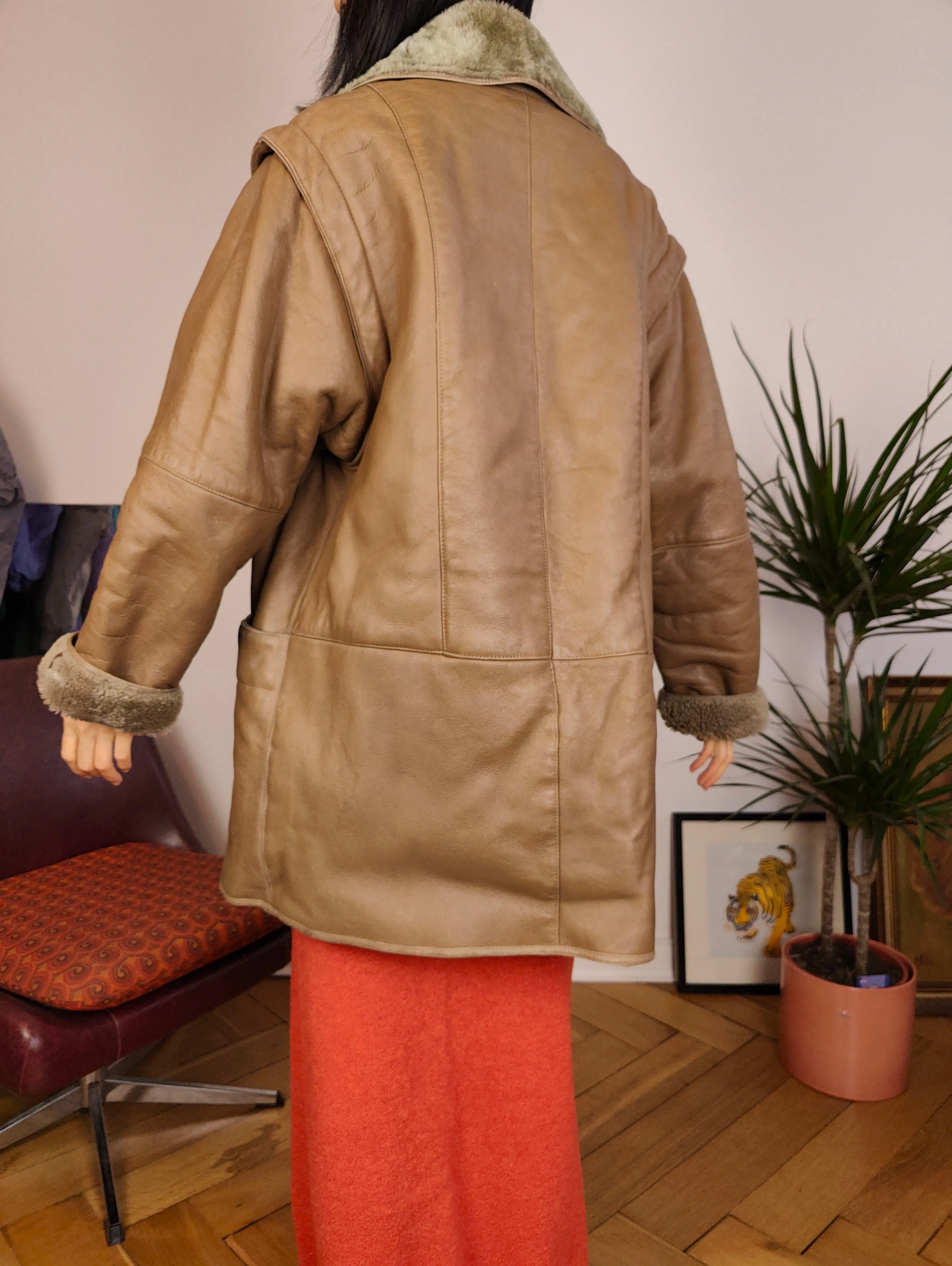 Vintage genuine shearling leather coat brown sheepskin lambskin sherpa S