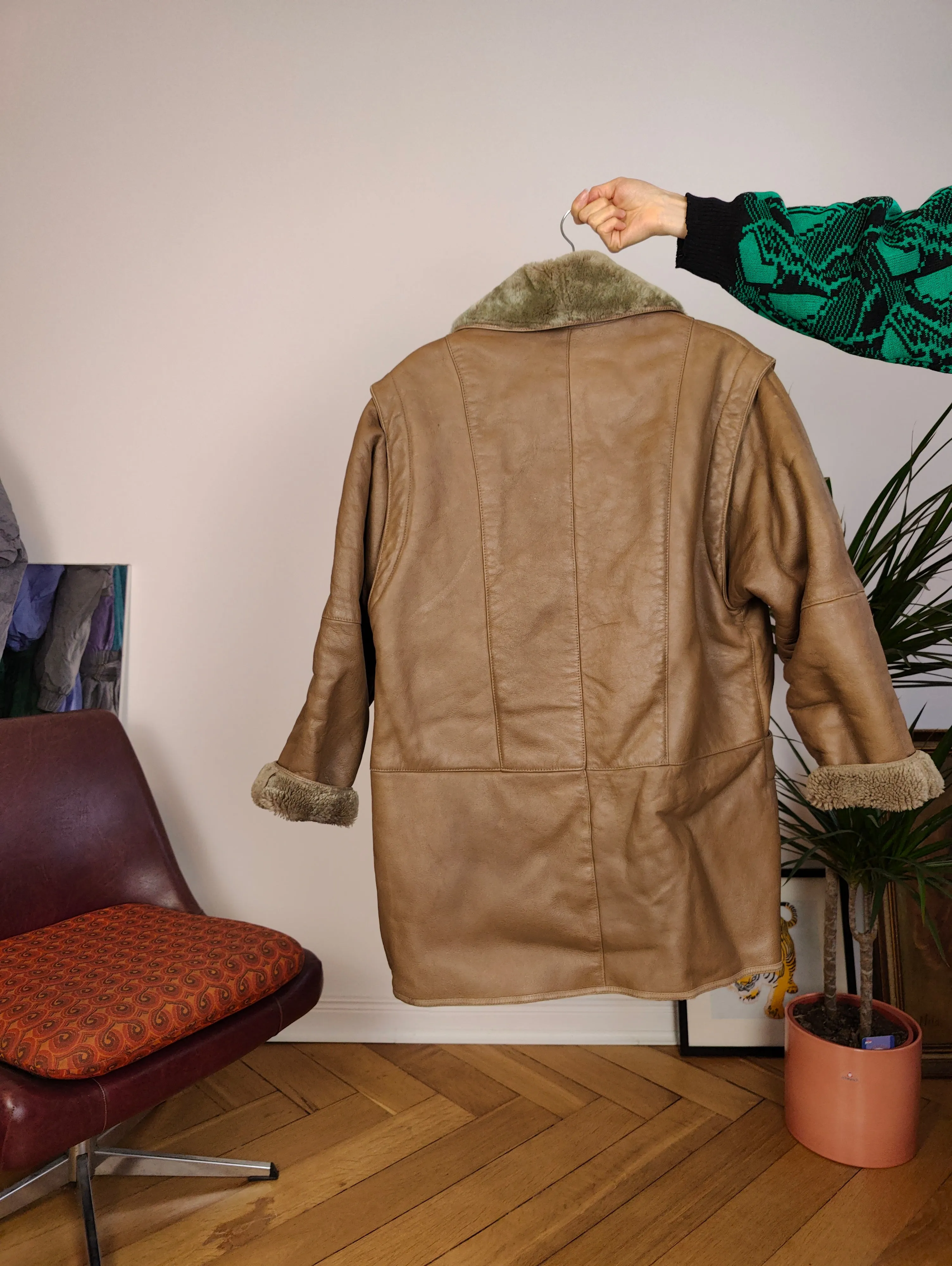 Vintage genuine shearling leather coat brown sheepskin lambskin sherpa S