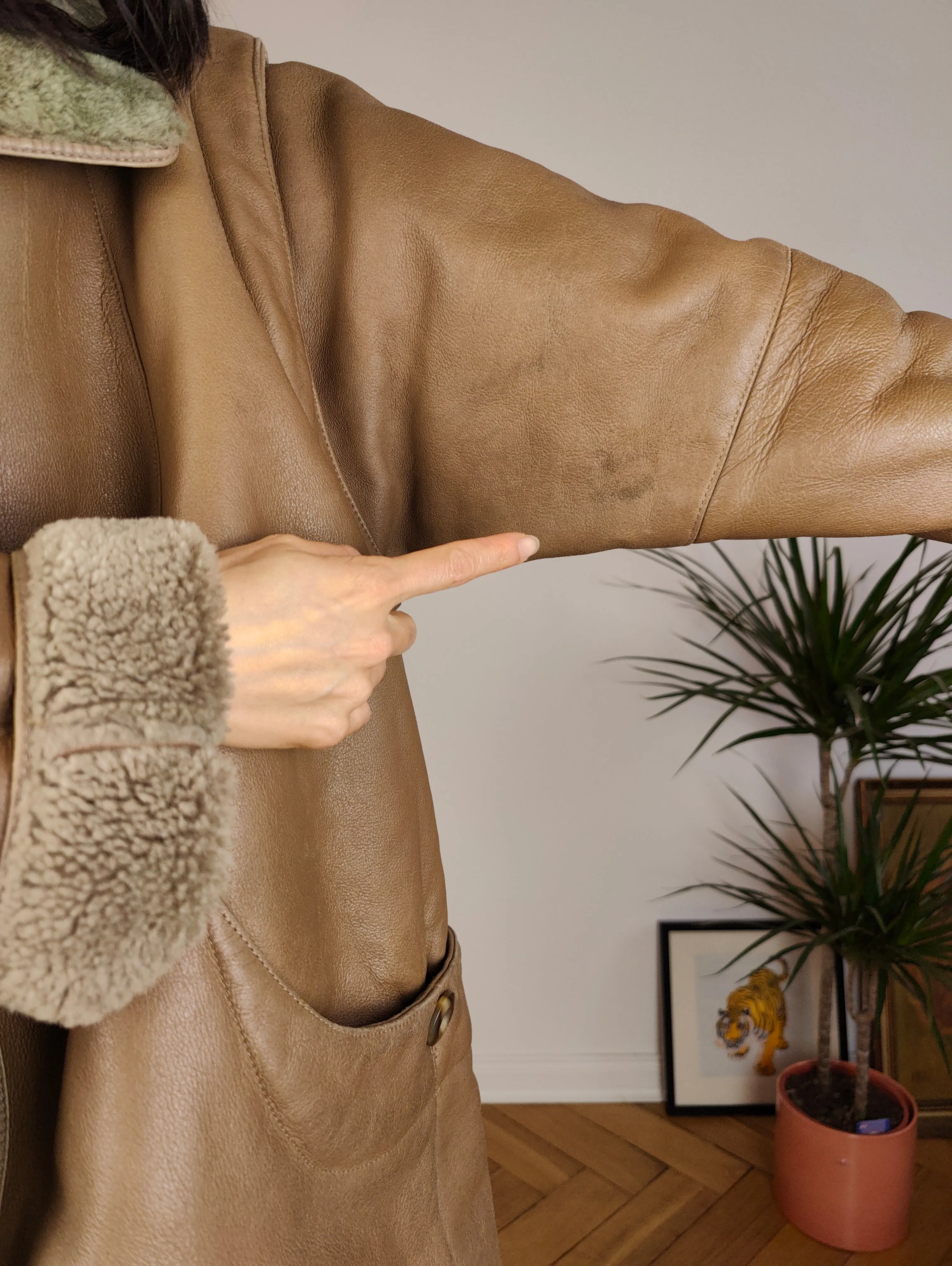 Vintage genuine shearling leather coat brown sheepskin lambskin sherpa S