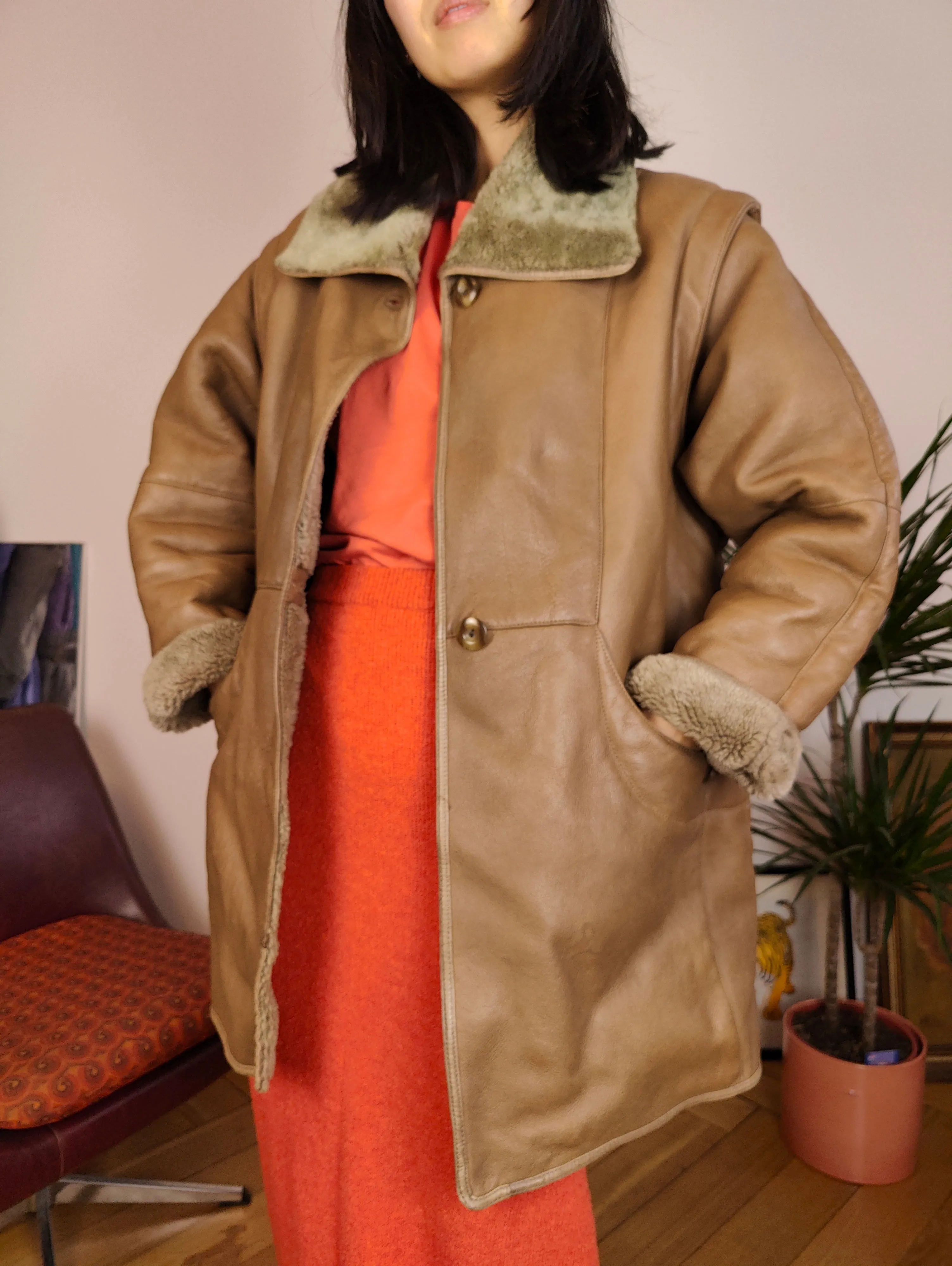 Vintage genuine shearling leather coat brown sheepskin lambskin sherpa S