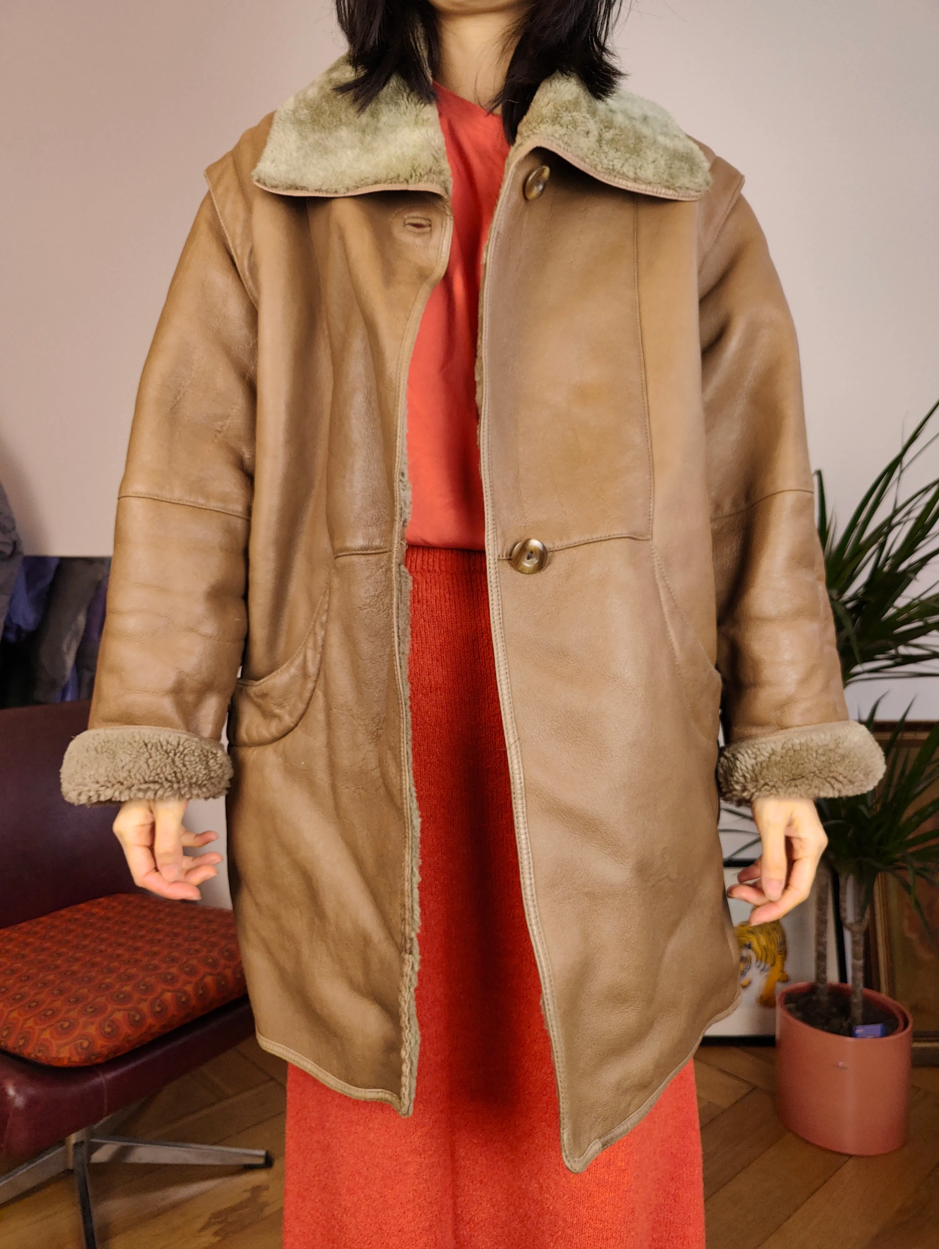 Vintage genuine shearling leather coat brown sheepskin lambskin sherpa S