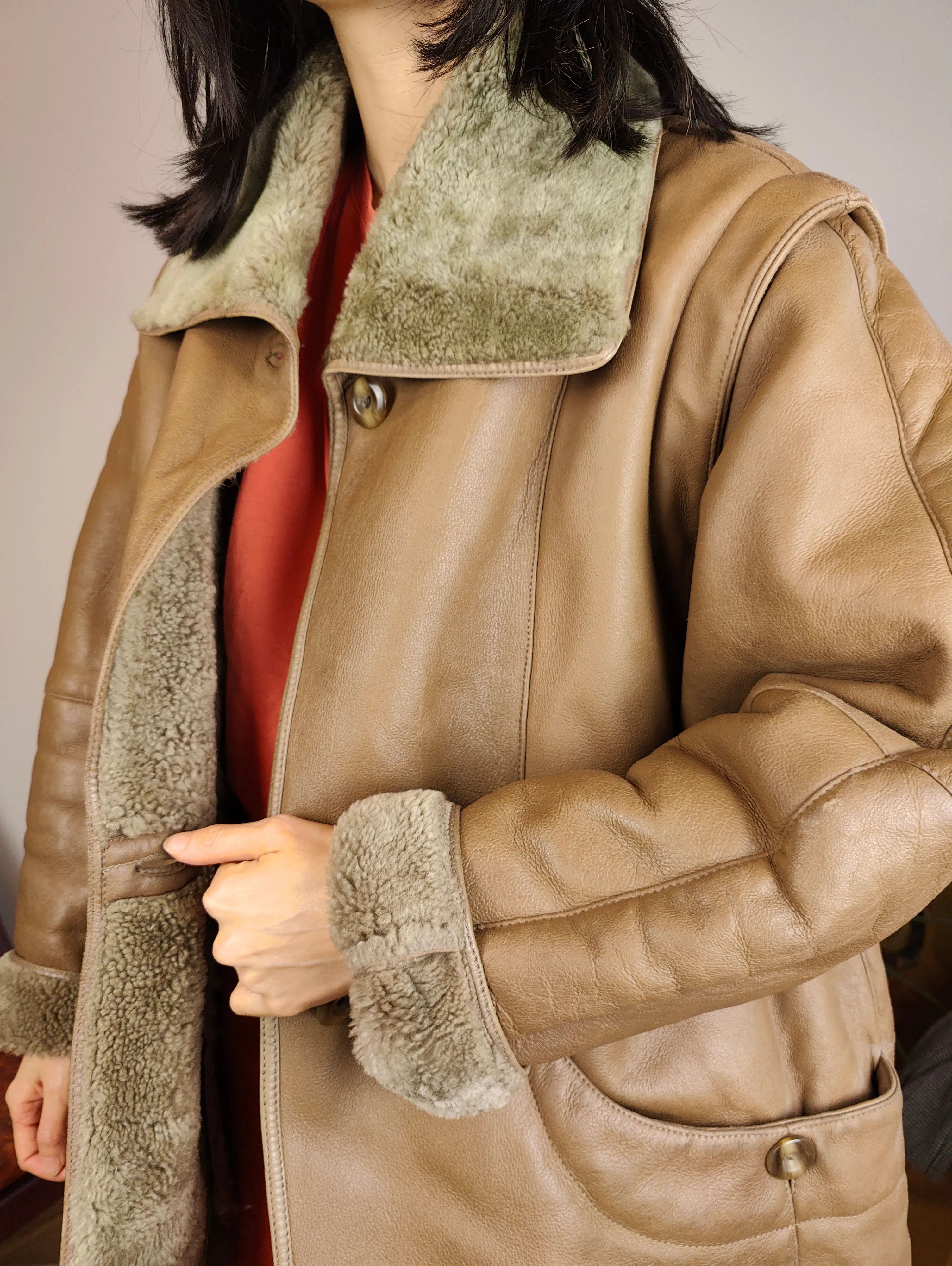 Vintage genuine shearling leather coat brown sheepskin lambskin sherpa S