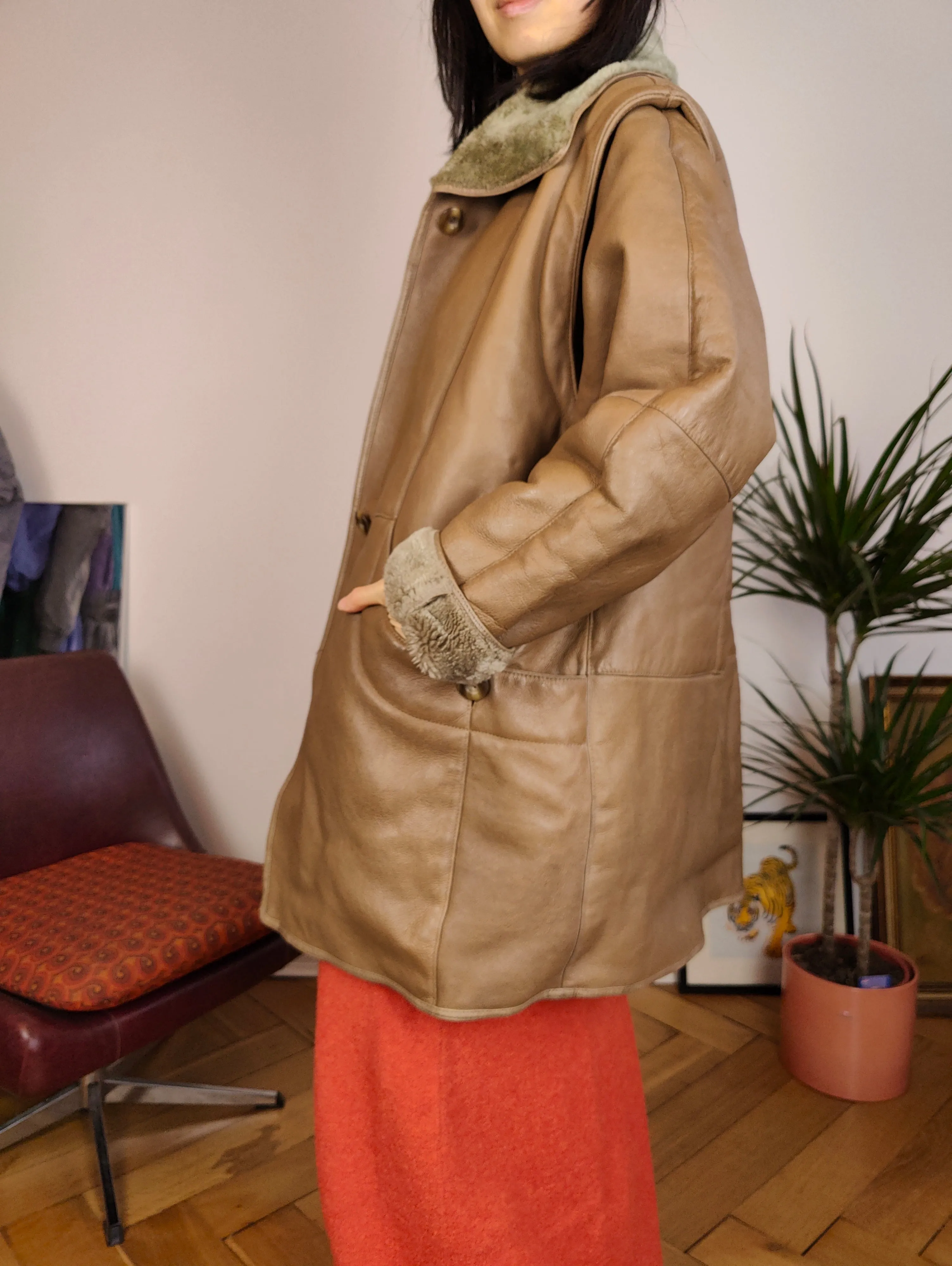 Vintage genuine shearling leather coat brown sheepskin lambskin sherpa S