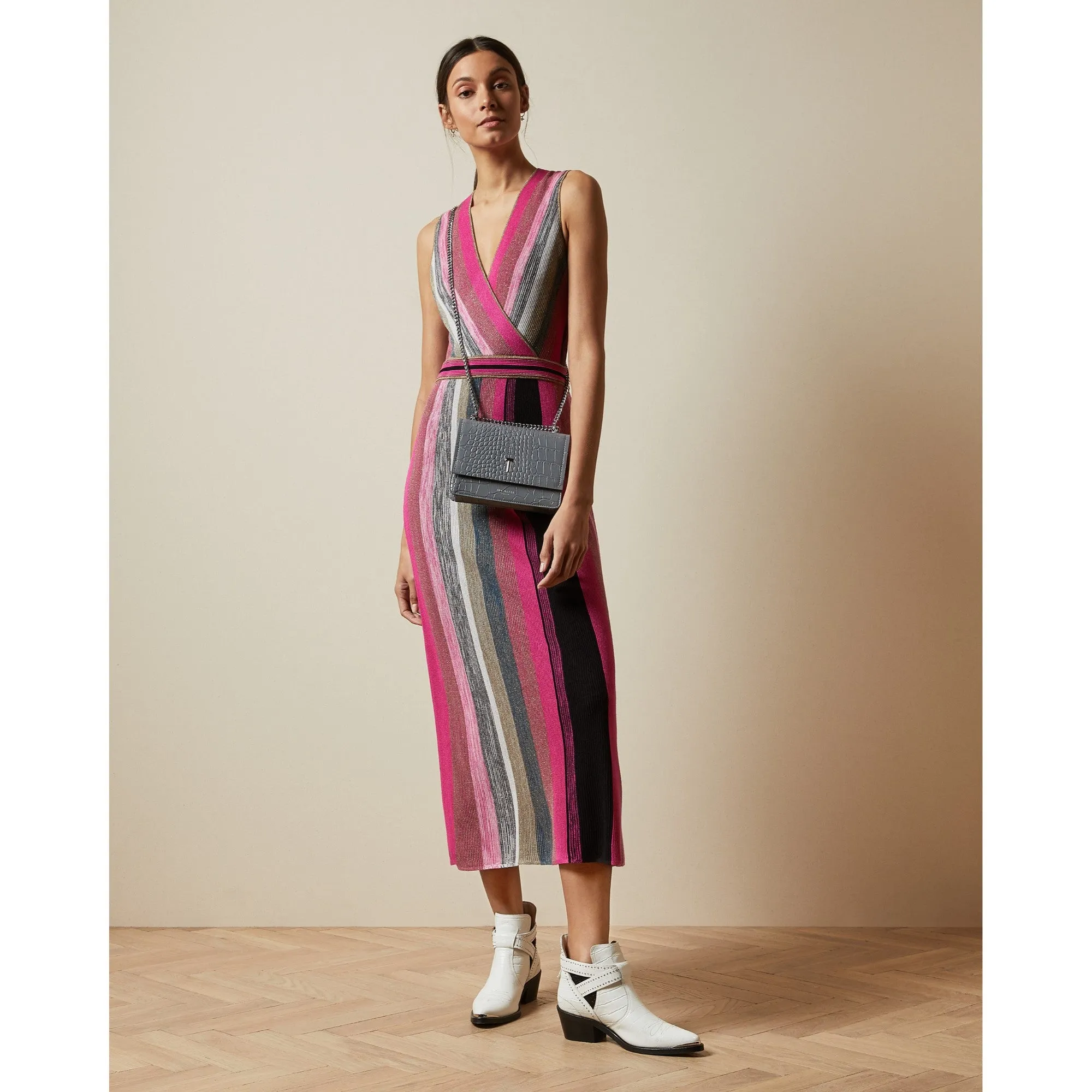 Women Sofinaa-Knitted Wrap Detail Midi Dress - Bright-Pink